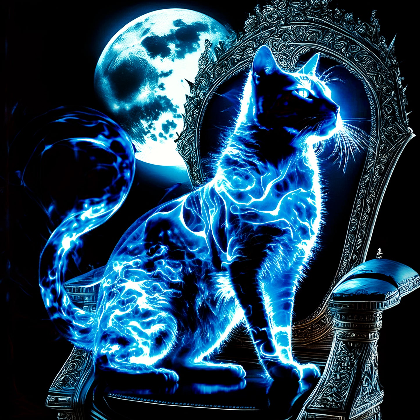 Glowing Blue cat, sitting on Throne