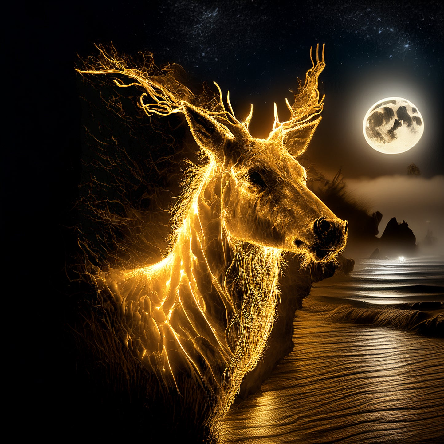 Stag by moon lit lake
