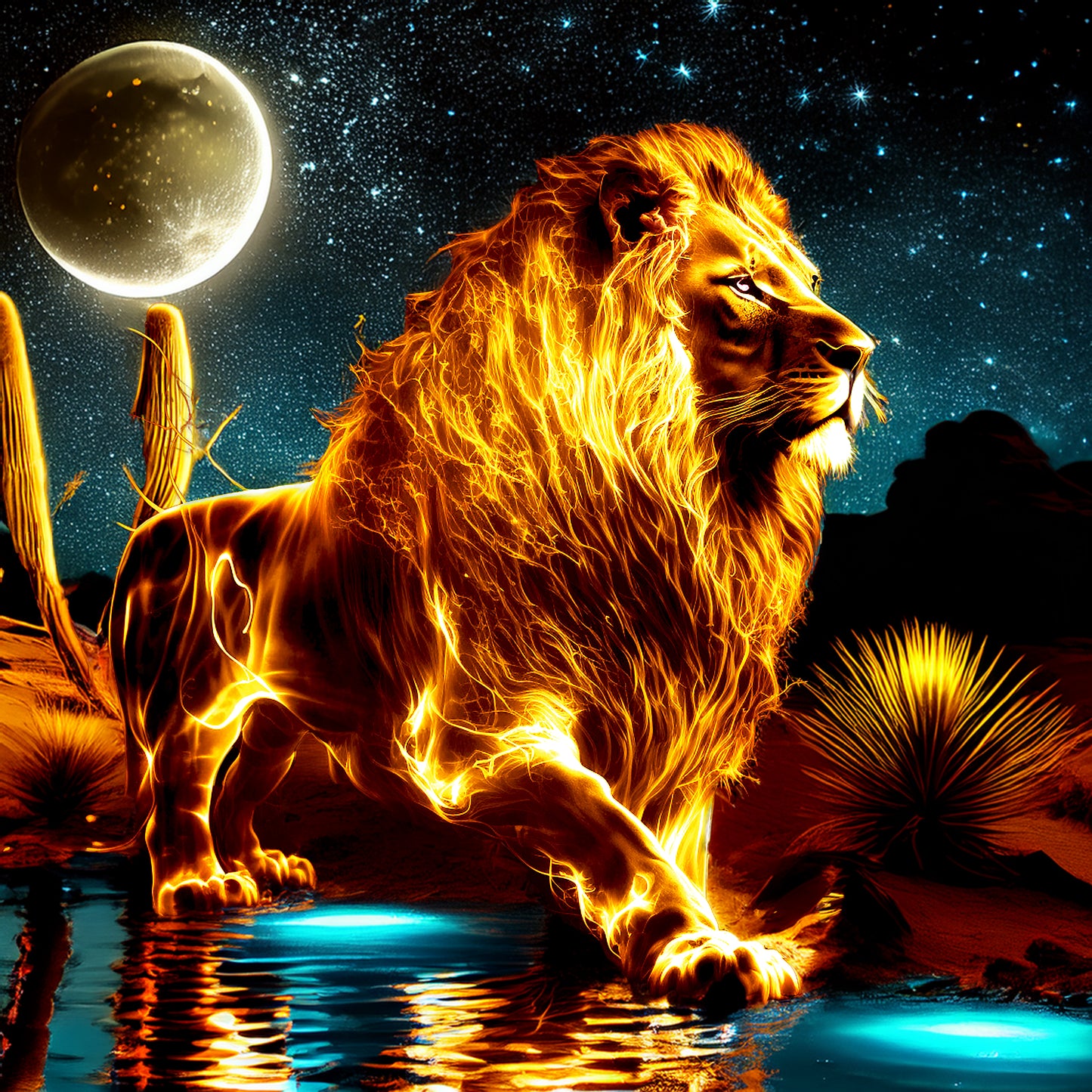 Lion prowling in dessert night sky